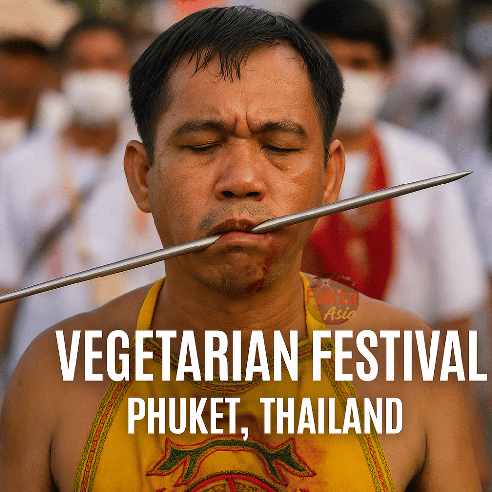Pria menjalani ritual tusuk pipi di Vegetarian Festival Phuket, Thailand